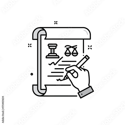 Legal Document Signing with Scales of Justice and Gavel Icon.