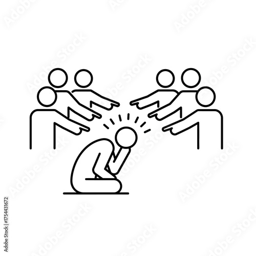 Person Kneeling Surrounded by Pointing Figures Social Isolation Concept.