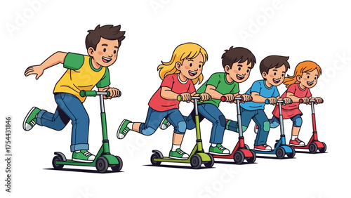 Scooter Race: A group of children eagerly engage in a vibrant scooter race, their faces lit with anticipation, capturing the essence of childhood fun and competition.