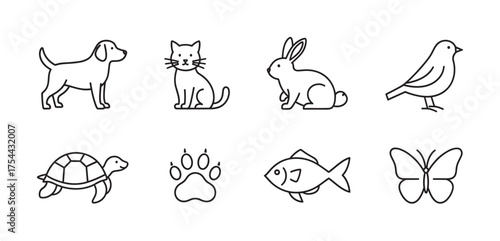 Black outline vector icons of animals including a dog, cat, rabbit, bird, turtle, fish, butterfly, and a paw print. minimal linear illustrations for nature and wildlife concepts.