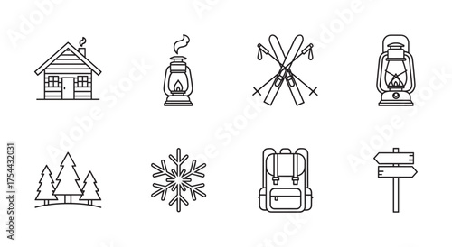 Black outline vector icons featuring a cabin, lanterns, crossed skis with poles, forest trees, snowflake, backpack, and directional signpost.