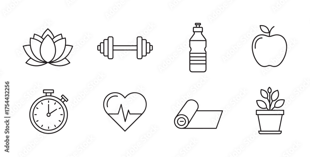 Fototapeta premium Simple black outline vector icons of wellness items including a lotus flower, dumbbell, water bottle, apple, stopwatch, heart, yoga mat, and potted plant.