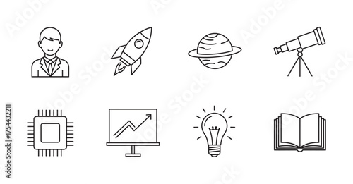 Set of eight black outline icons including a man in a suit, rocket, planet, telescope, microchip, graph, lightbulb, and open book, representing business, science, and technology.