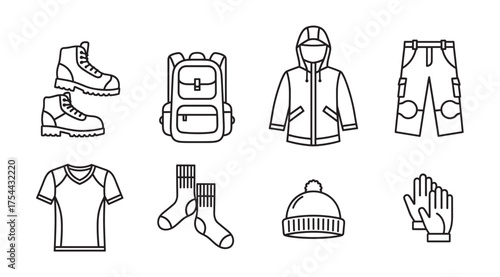 Black outline vector icons of essential hiking gear, including boots, backpack, jacket, pants, shirt, socks, beanie, and gloves, suitable for outdoor adventures.