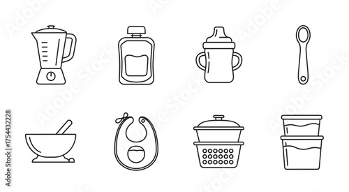 Black outline icons depicting a blender, baby food jar, sippy cup, spoon, baby bowl, bib, steamer, and storage containers.