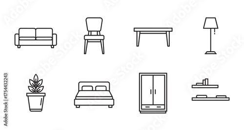 Simple black outline icons of furniture including a sofa, chair, table, floor lamp, potted plant, bed, wardrobe, and shelves, representing interior home items.