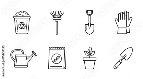 Black outline icons of gardening tools and items, including a compost bin, rake, shovel, gloves, watering can, seeds, potted plant, and trowel.
