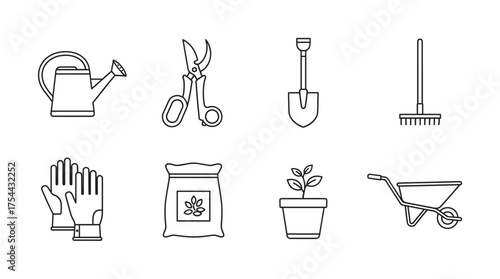Black outline vector icons of essential gardening tools, including a watering can, scissors, shovel, rake, gloves, fertilizer bag, potted plant, and wheelbarrow.