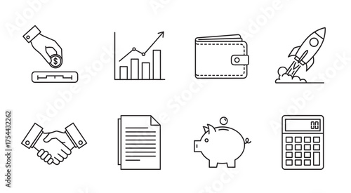Collection of black outline icons representing finance concepts, including a hand putting a coin in a slot, a rising chart, a wallet, a rocket, a handshake, a document, a piggy bank, and a calculator.