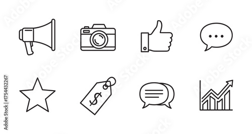 Set of seven black outline icons including a megaphone, camera, thumbs up, chat bubble, star, price tag, and growth chart.