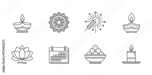 Eight black outline icons depicting diwali symbols, including oil lamps, fireworks, a calendar, a lotus, sweets, and a candle.