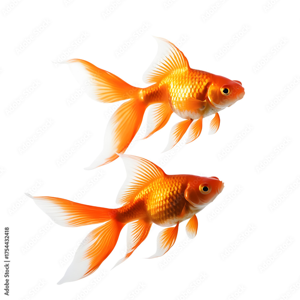 Fototapeta premium Two Beautiful Orange and White Fantail Goldfish Swimming on a Transparent Background png 