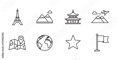 Black outline icons including eiffel tower, mountains, asian pagoda, airplane over peaks, map with pin, globe, star, and a flag on a pole.