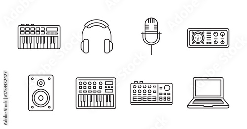 Black outline icons depicting various audio equipment, including a microphone, headphones, keyboards, a speaker, an audio interface, and a laptop.