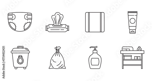 Black and white line art icons of essential baby care items including diapers, wipes, powder, cream, diaper bin, trash bag, lotion pump, and changing table.
