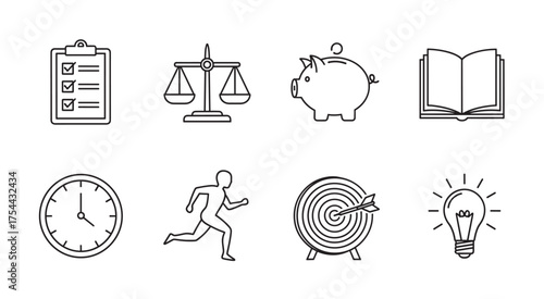 Eight simple black outline icons including a checklist on a clipboard, a balanced scale, a piggy bank, an open book, a clock, a running figure, a target with an arrow, and a light bulb.