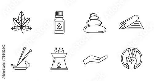 Simple black outline icons depicting a leaf, essential oil bottle, stacked stones, rolled mat, incense and sticks, aroma burner, an open hand, and a peace sign.