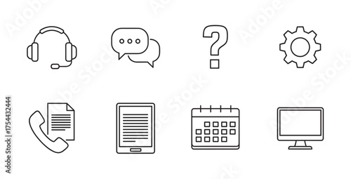 Black outline icons of a headset, speech bubbles, question mark, gear, phone, document, tablet, calendar, and computer, depicting communication and technology concepts.