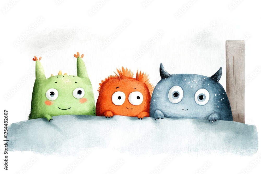 Obraz premium Colorful friendly monsters peeking over a barrier with playful expressions