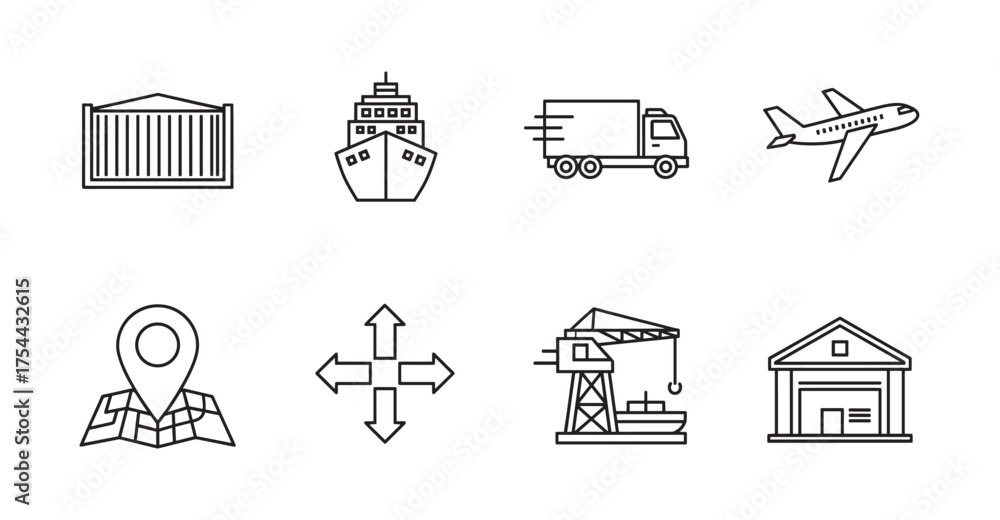 Fototapeta premium Black outline icons representing various transportation and logistics elements including shipping containers, cargo ships, trucks, airplanes, and cranes.