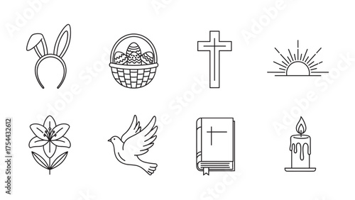 Black outline icons of easter symbols including bunny ears, egg basket, cross, sunrise, lily, dove, bible, and candle.