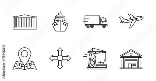 Black outline icons representing various transportation and logistics elements including shipping containers, cargo ships, trucks, airplanes, and cranes.