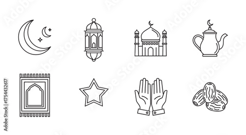Black outline vector icons of a crescent moon, lantern, mosque, teapot, prayer mat, star, praying hands, and dates representing islamic themes and ramadan.
