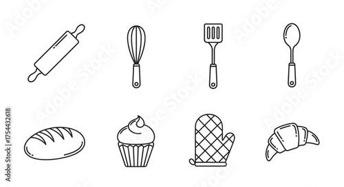 Black outline icons of a rolling pin, whisk, spatula, spoon, loaf of bread, cupcake, oven mitt, and croissant for baking themes.