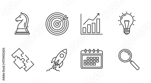 Set of eight simple black outline icons including a knight chess piece, target with arrow, rising graph, light bulb, puzzle pieces, rocket, calendar, and magnifying glass.