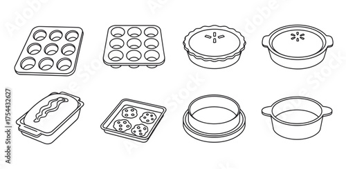 Black outline drawings of various baking dishes including muffin pans, pie dishes, loaf pans, and casserole dishes in a minimal linear style.