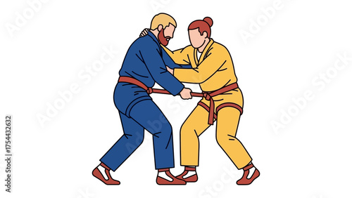 Dynamic Judo Match: Two judokas, locked in a dynamic grappling exchange, embody the essence of focus, strength, and discipline. A testament to the precision and skill required in the martial art.