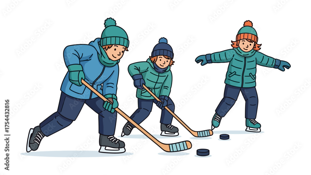 Obraz premium Ice Hockey Fun: Three young children are engrossed in a dynamic ice hockey game, showcasing teamwork and sportsmanship. They wield hockey sticks and pucks with youthful exuberance.