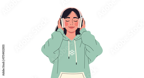 Illustration of a woman with headphones on, eyes closed, wearing a hoodie, listening to music.
