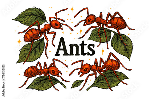 Glowing Fire Ants. Hand-drawn fire ants in glowing red crawling over green leaves, golden sparkles around, center word “Ants”,