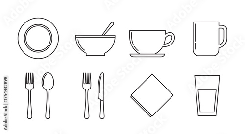Minimalist black outline icons depicting various kitchen utensils, including a plate, bowl, cup with saucer, mug, cutlery set, napkin, and glass.