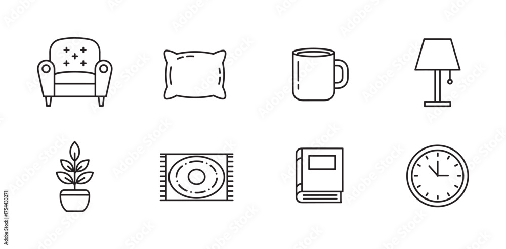 Fototapeta premium A collection of eight black outline icons depicting a cozy armchair, soft pillow, coffee mug, desk lamp, potted plant, decorative rug, hardcover book, and wall clock.