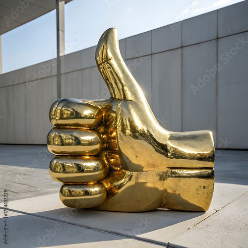 thumbs up emoji close up sculpted from gold metal realistic shine