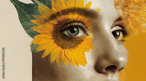 A striking vertical collage featuring a beautiful woman with a sunflower eye. The image evokes a blooming spring, posing a metaphorical question about beauty and observation.
 