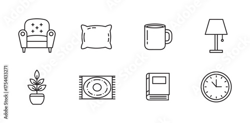 A collection of eight black outline icons depicting a cozy armchair, soft pillow, coffee mug, desk lamp, potted plant, decorative rug, hardcover book, and wall clock.