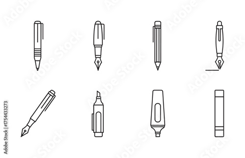 Black outline vector icons of various pens and markers including fountain pen, ballpoint pen, and highlighter.