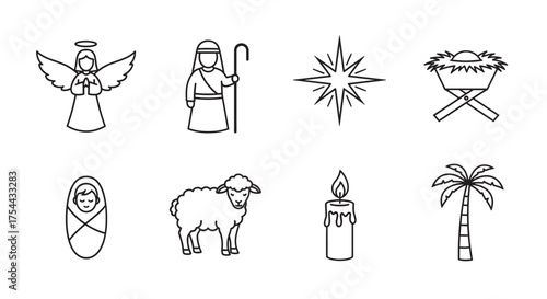 Black outline icons depicting an angel, shepherd, star, manger, swaddled infant, sheep, candle, and palm tree, symbolizing traditional christmas nativity elements.