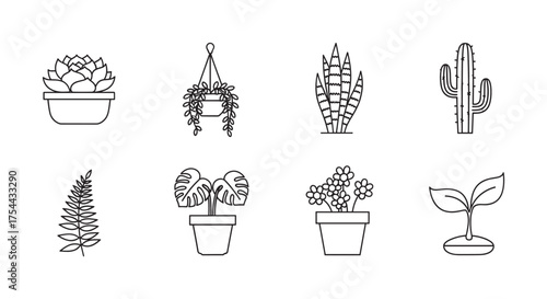 Simple black outline illustrations of various potted plants and succulents, including hanging plants, cacti, and leafy greens, arranged in a grid.