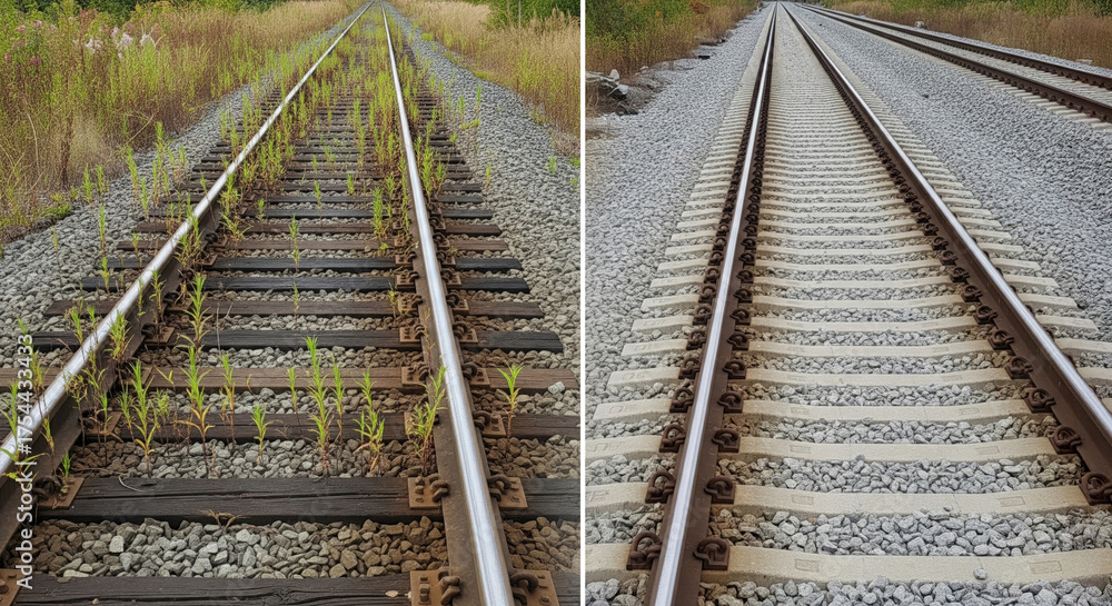 Fototapeta premium Overgrown railway tracks compared to fully restored rail line