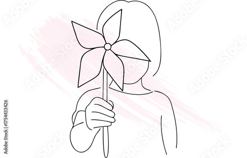 Minimalist single line drawing a child holding a pinwheel with  brush strokes vector