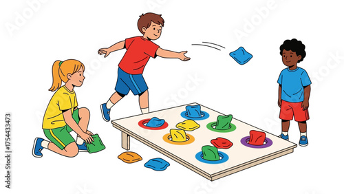 Kids play bean bag toss game: Illustration of three children playing bean bag toss game. children are focused on bean bag toss game and their concentration shows their enthusiasm