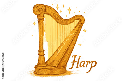 Golden Harp Illumination. Hand-drawn harp in golden tones with glowing strings and sparkles, center word “Harp”, isolated