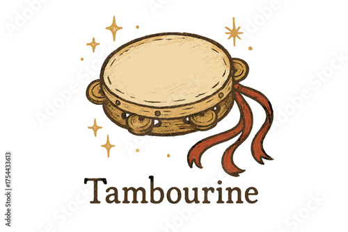 Tambourine with Ribbons. Hand-drawn tambourine in warm beige with red ribbons and golden sparkles, center word “Tambourine”,
