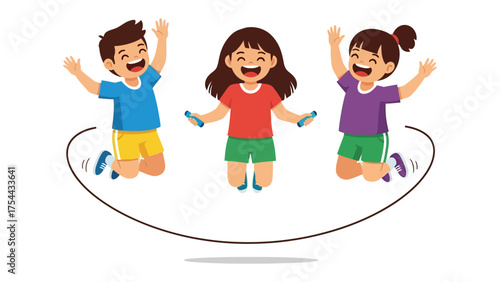 Joyful Leap: Capturing the playful spirit, three cheerful children engage in a vibrant jump rope session, their faces alight with laughter and boundless energy.