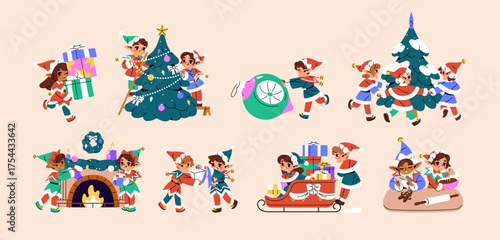 Santa Claus's elves set. Cute Xmas characters in costumes decorate Christmas tree, fireplace. Funny girls and boys wrap gifts, deliver by sled, cooking gingerbreads. Flat isolated vector illustrations