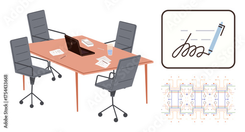 Office table with four chairs, laptop, notes, glass, overlay of digital signature and circuit diagram. Ideal for teamwork, technology, workspace, digital workflow innovation business and planning